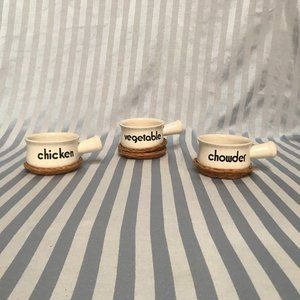 3 Vtg Oven Proof Soup Theme Bowls w/Handles/Coasters